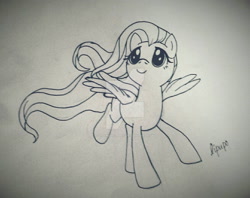 Size: 1024x811 | Tagged: safe, artist:lilapudelpony, character:fluttershy, lineart, looking up, monochrome, running, solo, spread wings, traditional art, watermark, wings