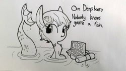 Size: 1677x953 | Tagged: safe, artist:tjpones, derpibooru original, oc, oc only, species:pony, derpibooru, chest fluff, colored, computer, cute, ear piercing, fangs, female, fish, gills, hair ornament, laptop computer, lineart, looking at you, mare, maybe salmon, merpony, meta, monochrome, on the internet nobody knows you're a dog, op is a fish, piercing, scales, seashell, smiling, solo, traditional art, wat, water, wet
