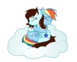 Size: 1232x1000 | Tagged: safe, artist:kingtoby19, character:rainbow dash, oc, oc:linormusicbeat, species:pegasus, species:pony, cloud, cuddling, cute, dashabetes, eyes closed, hug, simple background, smiling, snuggling, transparent background, vector