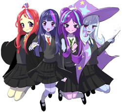 Size: 1200x1100 | Tagged: safe, artist:quizia, character:moondancer, character:starlight glimmer, character:trixie, character:twilight sparkle, my little pony:equestria girls, clothing, counterparts, crossover, equestria girls-ified, gryffindor, harry potter, hogwarts, hufflepuff, looking at you, magic, magical quartet, mary janes, necktie, open mouth, pleated skirt, pony coloring, ravenclaw, shoes, skirt, slytherin, socks, sweater, trixie's cape, trixie's hat, twilight's counterparts, wand