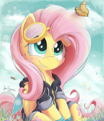 Size: 2400x2800 | Tagged: safe, artist:bugplayer, character:fluttershy, species:pegasus, species:pony, bee, bugplayer is trying to murder us, butterfly, chest fluff, clothing, cute, dangerous mission outfit, female, fluffy, folded wings, goggles, hoodie, hug life, looking at something, looking up, mare, shyabetes, signature, sitting, smiling, solo, sweet dreams fuel