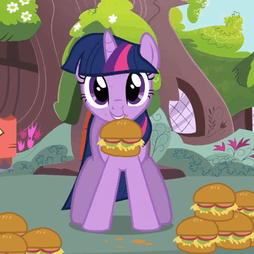 Size: 500x500 | Tagged: safe, artist:tjpones, edit, edited screencap, screencap, character:twilight sparkle, character:twilight sparkle (unicorn), species:pony, species:unicorn, episode:magical mystery cure, g4, my little pony: friendship is magic, animated, burger, cute, eating, female, food, hay burger, mare, nom, open mouth, solo, that pony sure does love burgers, twiabetes, twilight burgkle