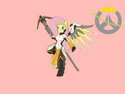 Size: 1024x768 | Tagged: safe, artist:nwinter3, character:fluttershy, species:anthro, species:unguligrade anthro, crossover, female, mercy, mercyshy, overwatch, parody, solo