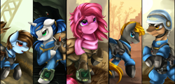 Size: 4259x2038 | Tagged: safe, artist:pridark, oc, oc only, oc:chosen heart, oc:sparkplug, oc:timewise, fallout equestria, absurd resolution, cave, clothing, commission, crew, fallout equestria: doctor's orders, group, helmet, open mouth, raised hoof, signature, split screen, uniform, wrench