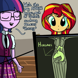 Size: 792x792 | Tagged: safe, artist:tjpones, character:sunset shimmer, character:twilight sparkle, character:twilight sparkle (scitwi), species:eqg human, my little pony:equestria girls, anatomically incorrect, anatomy, clothing, crystal prep academy uniform, cute, duo, eyes closed, female, fluoroscope, glasses, horgans, horse, humans doing horse things, open mouth, organs, pun, school uniform, science, shimmerbetes, smiling, t pose, twiabetes, wat, x-ray, x-ray picture