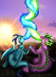 Size: 2550x3509 | Tagged: safe, artist:pridark, character:princess ember, character:spike, species:dragon, ship:emberspike, blue fire, commission, female, fire, fire breath, fire spiral, green fire, male, older, older spike, open mouth, shipping, sitting, spiral, straight, sunset