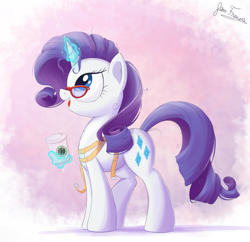 Size: 1650x1595 | Tagged: safe, artist:bugplayer, character:rarity, species:pony, species:unicorn, coffee, cup, female, glasses, levitation, magic, mare, measuring tape, open mouth, rarity's glasses, signature, solo, starbucks, telekinesis