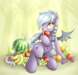 Size: 1280x1231 | Tagged: safe, artist:mlpanon, oc, oc only, oc:sonar, species:bat pony, species:pony, apple, banana, belly button, braid, food, fruit, grapes, herbivore, looking at you, orange, pear, solo, strawberry, watermelon