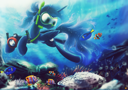 Size: 4677x3307 | Tagged: safe, artist:ruhisu, character:princess luna, absurd resolution, aquatic, blue tang, camera, clownfish, crepuscular rays, diving, finding dory, finding nemo, fish, fishes, goggles, nose plug, ocean, snorkel, snorkeling, solo, swimming, swimming goggles, underwater