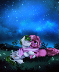 Size: 2790x3401 | Tagged: safe, artist:pridark, oc, oc only, clothing, commission, cute, eyes closed, female, flower, imminent kissing, male, meadow, night sky, scarf, shared clothing, shared scarf, shipping, stars, straight