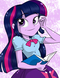 Size: 1024x1329 | Tagged: safe, artist:alligatorgummy, artist:lunchie, character:twilight sparkle, character:twilight sparkle (alicorn), equestria girls:rainbow rocks, g4, my little pony:equestria girls, book, clothing, credits, female, old version, shine like rainbows, skirt, solo