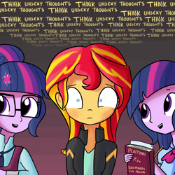 Size: 1280x1280 | Tagged: safe, artist:tjpones, character:sunset shimmer, character:twilight sparkle, character:twilight sparkle (alicorn), character:twilight sparkle (scitwi), species:eqg human, ship:scitwishimmer, ship:sunsetsparkle, my little pony:equestria girls, blushing, book, female, lesbian, platonic, shipping, sunset twiangle, sweat, the simpsons, twolight