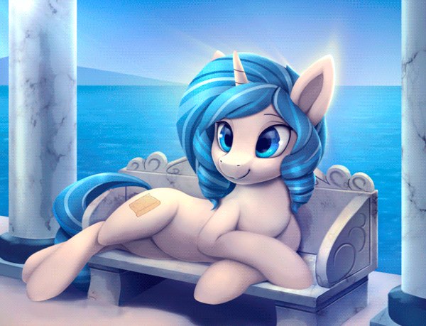 Size: 600x459 | Tagged: safe, artist:rodrigues404, oc, oc only, oc:opuscule antiquity, species:pony, species:unicorn, animated, bench, lying down, marble, prone, smiling, solo, sploot, water, wave