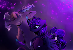 Size: 3960x2745 | Tagged: safe, artist:magnaluna, character:discord, character:princess luna, ship:lunacord, bedroom eyes, cuddling, curved horn, eyes closed, facepalm, female, floppy ears, fluffy, hug, male, nom, open mouth, shipping, smiling, snuggling, spread wings, straight, tickling, wings