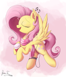 Size: 2200x2600 | Tagged: safe, artist:bugplayer, character:fluttershy, species:pegasus, species:pony, beverage, clothing, cup, cute, eyes closed, female, flying, headphones, hoof hold, ipod, listening, mare, mp3 player, music, music notes, open mouth, scarf, shyabetes, signature, singing, smiling, solo