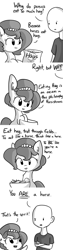 Size: 792x3168 | Tagged: safe, artist:tjpones, oc, oc only, oc:brownie bun, oc:richard, horse wife, comic, confused, fluffy, frown, hay, horses doing horse things, lays, monochrome, open mouth, pointing, simple background, smiling, white background
