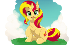 Size: 2750x1657 | Tagged: safe, artist:lilapudelpony, character:sunset shimmer, species:pony, species:unicorn, my little pony:equestria girls, cute, female, happy, looking at you, open mouth, raised hoof, shimmerbetes, sitting, solo