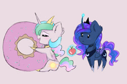 Size: 1280x845 | Tagged: safe, artist:magnaluna, character:princess celestia, character:princess luna, :<, apple, blushing, chibi, colored wings, colored wingtips, cute, donut, donutlestia, eyes closed, fluffy, food, frown, hug, levitation, magic, open mouth, pointy ponies, simple background, sitting, smiling, telekinesis, white background