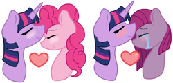 Size: 972x467 | Tagged: safe, artist:junetheicecat, base used, character:pinkamena diane pie, character:pinkie pie, character:twilight sparkle, species:pony, ship:twinkie, :t, blushing, crying, cute, eyes closed, female, forehead kiss, heart, kissing, lesbian, mare, nuzzling, shipping, simple background, smiling, tears of joy, two sides, white background