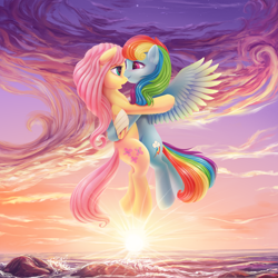 Size: 2400x2400 | Tagged: safe, artist:roadsleadme, character:fluttershy, character:rainbow dash, species:pony, ship:flutterdash, bandage, bandaged wing, cute, dawwww, female, floating, hug, injured, lesbian, mare, ocean, open mouth, rock, scenery, shipping