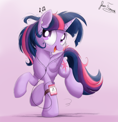 Size: 2080x2160 | Tagged: safe, artist:bugplayer, character:twilight sparkle, character:twilight sparkle (alicorn), species:alicorn, species:pony, cute, dancing, earbuds, female, five finger death punch, ipod, listening, mare, messy mane, mp3 player, music, music notes, open mouth, raised hoof, raised leg, signature, solo, twiabetes