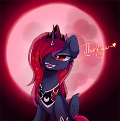 Size: 1280x1288 | Tagged: dead source, safe, artist:magnaluna, character:princess luna, species:alicorn, species:pony, blood moon, blood moon luna, dialogue, fangs, female, mare, modified accessory, open mouth, sitting, smiling, solo, thank you