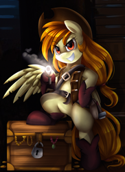 Size: 2550x3509 | Tagged: safe, artist:pridark, oc, oc only, oc:solar spark, species:pegasus, species:pony, belt, clothing, commission, gun, hat, padlock, pirate, solo, treasure chest, weapon