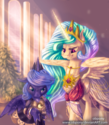 Size: 2000x2300 | Tagged: safe, artist:lulemt, character:princess celestia, character:princess luna, big sislestia, clothing, dress, jewelry, luna is not amused, modified accessory, necklace, royal sisters, s1 luna, size difference, smuglestia, spread wings, tiara, unamused, wings