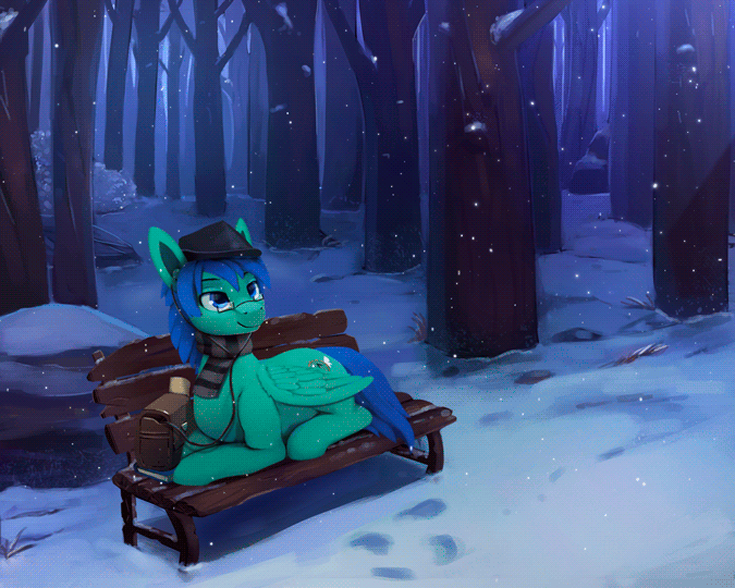 Size: 675x540 | Tagged: safe, artist:rodrigues404, oc, oc only, oc:swiftnote, species:pegasus, species:pony, animated, bag, bench, clothing, forest, glasses, hat, prone, scarf, scenery, scenery porn, snow, snowfall, winter