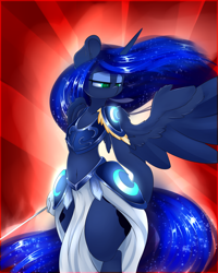 Size: 2000x2500 | Tagged: safe, artist:madacon, character:princess luna, species:pony, newbie artist training grounds, armor, belly button, bipedal, color porn, hips, semi-anthro, solo, sword, unconvincing armor, warrior luna, weapon