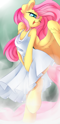 Size: 2000x4100 | Tagged: safe, artist:madacon, character:fluttershy, species:pegasus, species:pony, bedroom eyes, clothing, colored pupils, cute, dress, ear fluff, eyelashes, female, fluffy, marilyn monroe, one eye closed, open mouth, raised leg, semi-anthro, shyabetes, smiling, solo, spread wings, the seven year itch, wind, wings, wink