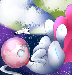 Size: 2000x2100 | Tagged: safe, artist:madacon, character:pinkie pie, newbie artist training grounds, astronaut, cute, diapinkes, earth, helmet, planet, smiling, solo, space, space shuttle, space suit, stars