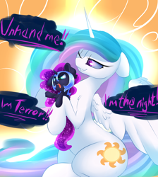 Size: 2000x2230 | Tagged: safe, artist:madacon, character:nightmare moon, character:princess celestia, character:princess luna, species:alicorn, species:pony, newbie artist training grounds, g4, angry, blatant lies, color porn, cute, cutelestia, dialogue, fangs, female, floppy ears, fluffy, glare, grin, helmet, i am the night, i'm not cute, lidded eyes, lunabetes, madacon is trying to murder us, mare, mini, missing accessory, momlestia, moonabetes, nightmare retardant, nightmare woon, one eye closed, open mouth, royal sisters, sitting, smiling, spread wings, sweet dreams fuel, text, tiny ponies, wings, wink