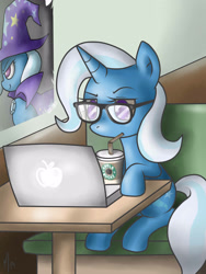 Size: 2400x3200 | Tagged: dead source, safe, artist:gatodelfuturo, character:trixie, species:pony, species:unicorn, g4, computer, female, glasses, hipster, laptop computer, mare, solo, starbucks