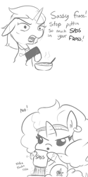 Size: 1280x2560 | Tagged: safe, artist:tjpones, character:saffron masala, character:zesty gourmand, species:pony, species:unicorn, :o, comic, cooking, cute, dialogue, floppy ears, food, frown, glare, grayscale, hoof hold, monochrome, no, open mouth, pointing, saffronbetes, sassy, simple background, wat, white background