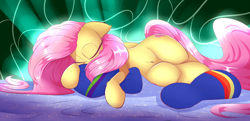 Size: 3000x1450 | Tagged: safe, artist:madacon, character:fluttershy, species:pegasus, species:pony, newbie artist training grounds, belly button, color porn, cuddling, curvy, cute, eyes closed, female, mare, sexy, shyabetes, sleeping, snuggling, solo