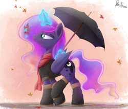 Size: 2380x2030 | Tagged: safe, artist:bugplayer, character:princess luna, species:alicorn, species:pony, autumn, clothing, commission, cute, female, leaf, leaves, magic, mare, puddle, rain, scarf, signature, smiling, solo, umbrella