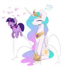 Size: 1280x1517 | Tagged: dead source, safe, artist:magnaluna, character:princess celestia, character:twilight sparkle, character:twilight sparkle (unicorn), species:alicorn, species:pony, species:unicorn, episode:the cutie mark chronicles, g4, my little pony: friendship is magic, chest fluff, crown, cute, dialogue, ear fluff, embarrassed, eyes closed, female, filly, filly twilight sparkle, happy, horn, inner thoughts, jewelry, mare, open mouth, pronking, regalia, scene interpretation, sweat, sweatdrop, thought bubble, twiabetes, weapons-grade cute, wing fluff, yes yes yes