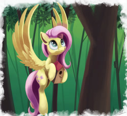 Size: 1750x1600 | Tagged: safe, artist:insanerobocat, character:fluttershy, bird house, cute, flying, kindness, shyabetes, solo, tree