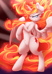 Size: 2500x3525 | Tagged: safe, artist:madacon, character:twilight sparkle, character:twilight sparkle (alicorn), species:alicorn, species:pony, newbie artist training grounds, angry, badass, belly button, color porn, fire, furious, hot, mane of fire, rage, rapidash twilight, rearing, solo, wide hips