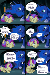 Size: 2280x3427 | Tagged: safe, artist:pridark, part of a set, character:princess luna, oc, oc:ebony crescent, species:bat pony, species:pony, comic:new world, bowing, canterlot, comic, commission, cowering, dialogue, duo, eyes closed, floppy ears, frown, one eye closed, open mouth, part of a series, prone, question mark, raised hoof, sad, scared, shivering, sitting, smiling, speech bubble, underhoof, wink
