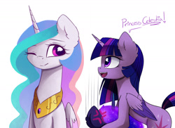 Size: 1280x931 | Tagged: safe, artist:magnaluna, character:princess celestia, character:princess luna, character:twilight sparkle, character:twilight sparkle (alicorn), species:alicorn, species:pony, ship:twilestia, colored wings, colored wingtips, cute, cutelestia, dialogue, female, heart, implied twilestia, lesbian, mare, shipping, twiabetes