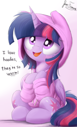 Size: 1500x2475 | Tagged: safe, artist:bugplayer, character:twilight sparkle, character:twilight sparkle (alicorn), species:alicorn, species:pony, blushing, both cutie marks, bugplayer is trying to murder us, clothing, cute, dialogue, female, hoodie, looking up, mare, open mouth, signature, sitting, smiling, solo, twiabetes