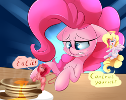 Size: 3400x2700 | Tagged: safe, artist:madacon, character:pinkamena diane pie, character:pinkie pie, character:surprise, newbie artist training grounds, angel, conscience, demon, dialogue, exclamation point, floppy ears, open mouth, pancakes, plate, shoulder angel, shoulder devil, speech bubble, sweat, syrup, table, temptation, trinity pie