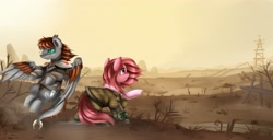 Size: 3911x1998 | Tagged: safe, artist:pridark, oc, oc only, oc:chosen heart, oc:funeral dirge, species:earth pony, species:pony, fallout equestria, clothing, commission, duo, fallout, floating, wasteland, wavy