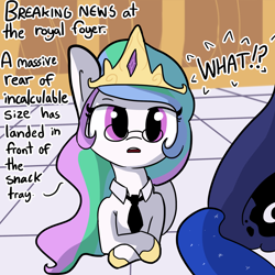 Size: 1280x1280 | Tagged: safe, artist:tjpones, character:princess celestia, character:princess luna, species:pony, breaking news, cute, dialogue, female, glasses, looking at you, mare, missing horn, moonbutt, necktie, open mouth, plot, sibling rivalry, the ass was fat