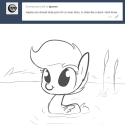 Size: 1280x1280 | Tagged: safe, artist:tjpones, character:scootaloo, species:pegasus, species:pony, :t, behaving like a bird, behaving like a duck, black and white, cute, cutealoo, grayscale, monochrome, pegaduck, smiling, solo, tumblr