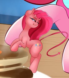 Size: 800x900 | Tagged: safe, artist:madacon, character:pinkamena diane pie, character:pinkie pie, newbie artist training grounds, close-up, conscience, food, macro, pancakes, shoulder devil, size difference, solo, syrup