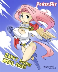 Size: 700x874 | Tagged: safe, artist:shepherd0821, character:fluttershy, species:anthro, ambiguous facial structure, big breasts, breasts, busty fluttershy, cleavage, costume, female, power girl, solo