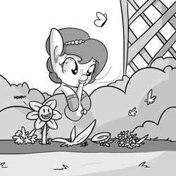 Size: 1280x1280 | Tagged: safe, artist:tjpones, edit, editor:dsp2003, oc, oc only, oc:brownie bun, species:earth pony, species:pony, bong, butterfly, drugs, female, flowey, garden, high, hilarious in hindsight, howdy, mare, marijuana, monochrome, pun, smoke weed erryday, stoned, undertale, why, wtf